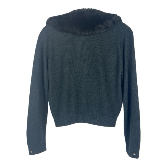 Vintage Sz S/M Black Sweater Cardigan Faux Fur Trim Rhiinestone Closure - Picture 2 of 10